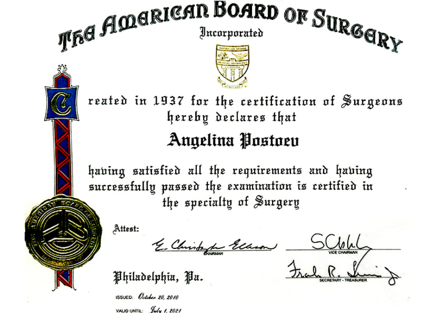 Dr. Angelina's certificate from The American Board of Surgery
