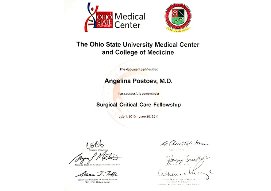 Dr. Angelina's certificate from The Ohio State University Medical Center