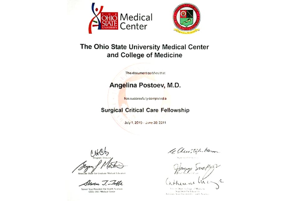 Dr. Angelina's certificate from The Ohio State University Medical Center