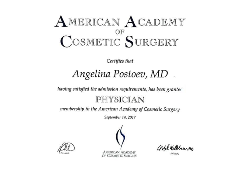 Dr. Angelina's certificate from American Academy of Cosmetic surgery