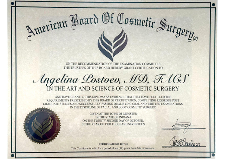 Dr. Angelina's certificate from American Board of Cosmetic surgery