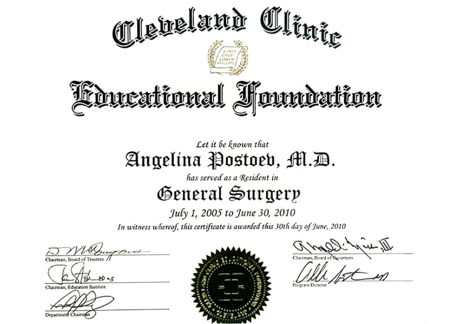 Dr. Angelina's certificate from Cleveland Clinic Educational Found