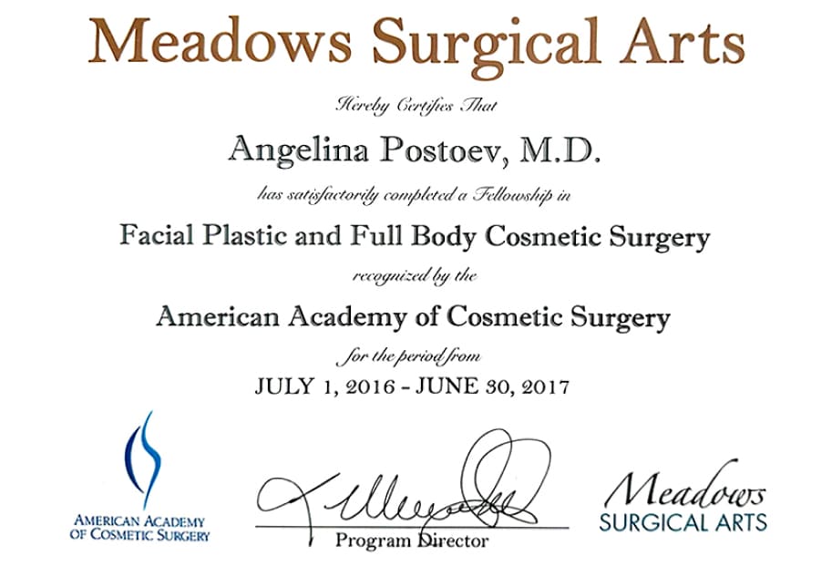 Dr. Angelina's certificate from Meadows Surgical Arts